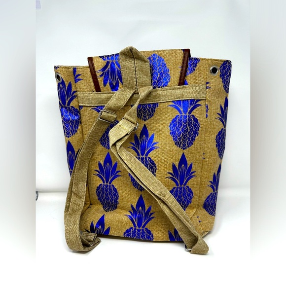 Bahamas Rare Metallic Pineapple Print on Hemp Backpack With Front Pockets New - Picture 2 of 4
